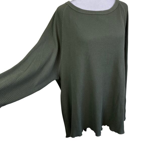 Free People Sz S Olive Green Waffle Knit Thermal Top Oversized Split Back Cozy - Picture 14 of 16